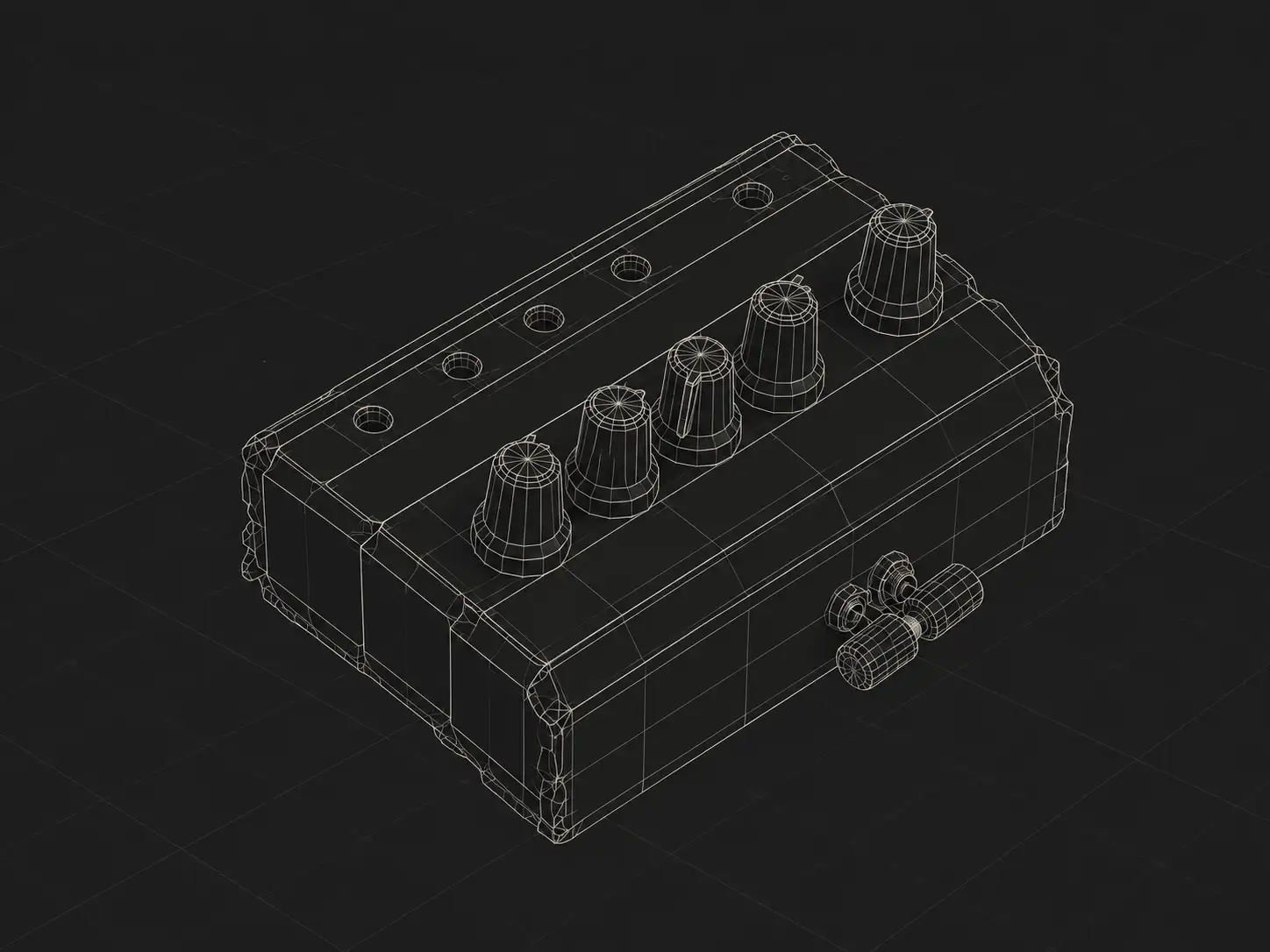 Wireframe render of a DIY hardware device with knobs and jacks